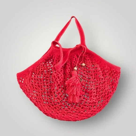 French Inspired Crochet Fishnet Market Bag Red Rouge Tote Shoulder Bag w/Tassel - Picture 3 of 16